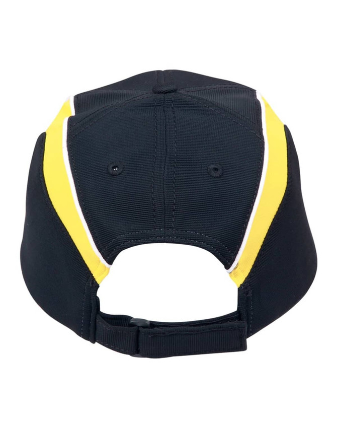 A black cap with yellow and white accents on the back and an adjustable strap. It features a logo.