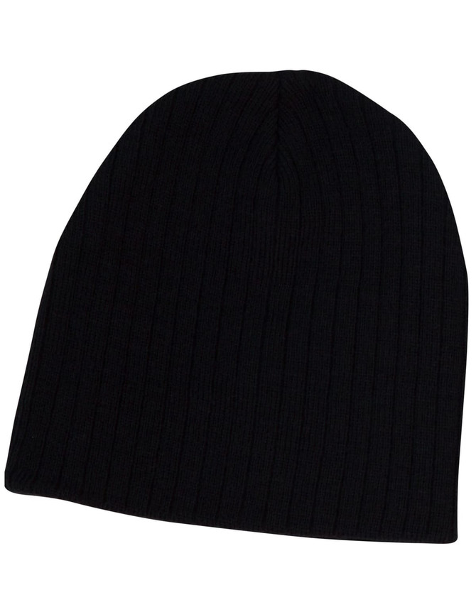 A black cable knit beanie featuring a ribbed texture and a simple design, with a logo present.