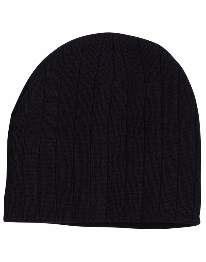 A black cable knit beanie featuring a fleece headband, showing a textured design and a snug fit.