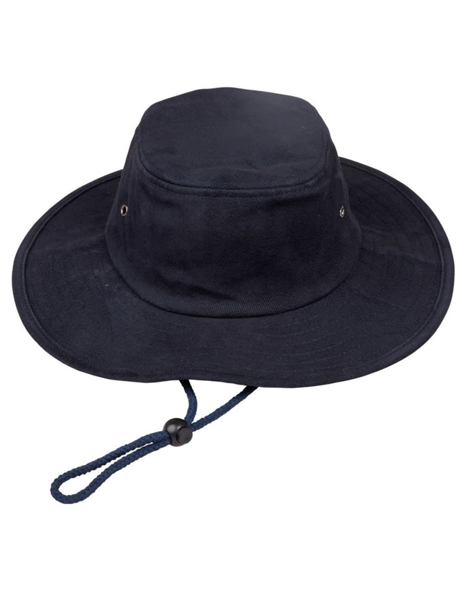 A navy blue brimmed bucket hat with a drawstring and an internal lining. Features a logo on the side.