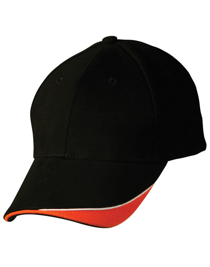 A black cap with an orange accent along the brim, featuring a stitched design and a logo.