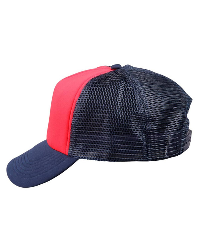 A trucker cap featuring a red front panel and navy mesh back, with a curved brim and branded tag.