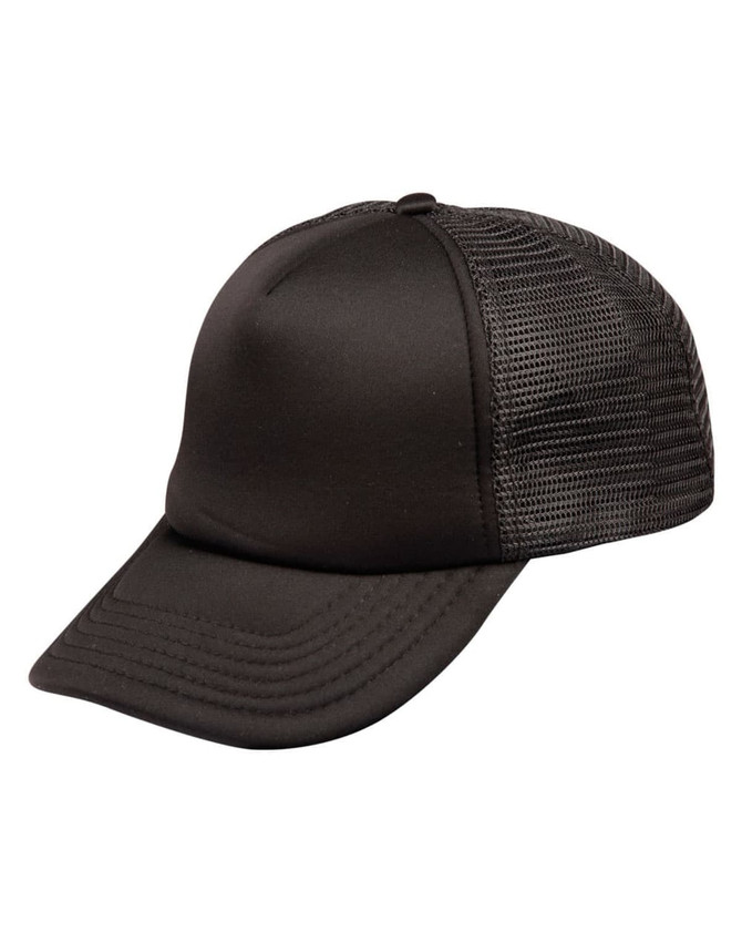 A black trucker cap featuring a solid front panel and a mesh back, complete with a logo.