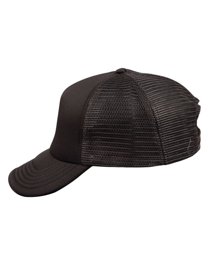 A black trucker cap with a solid front and mesh back, featuring a curved visor and an adjustable fit.