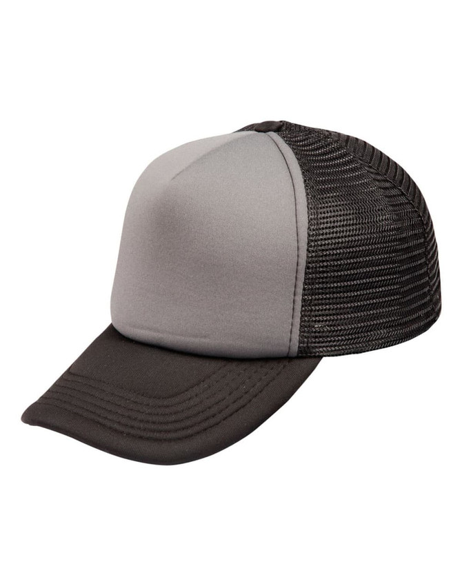 A grey and black trucker cap with a solid front panel and a mesh back, featuring a logo on the front.