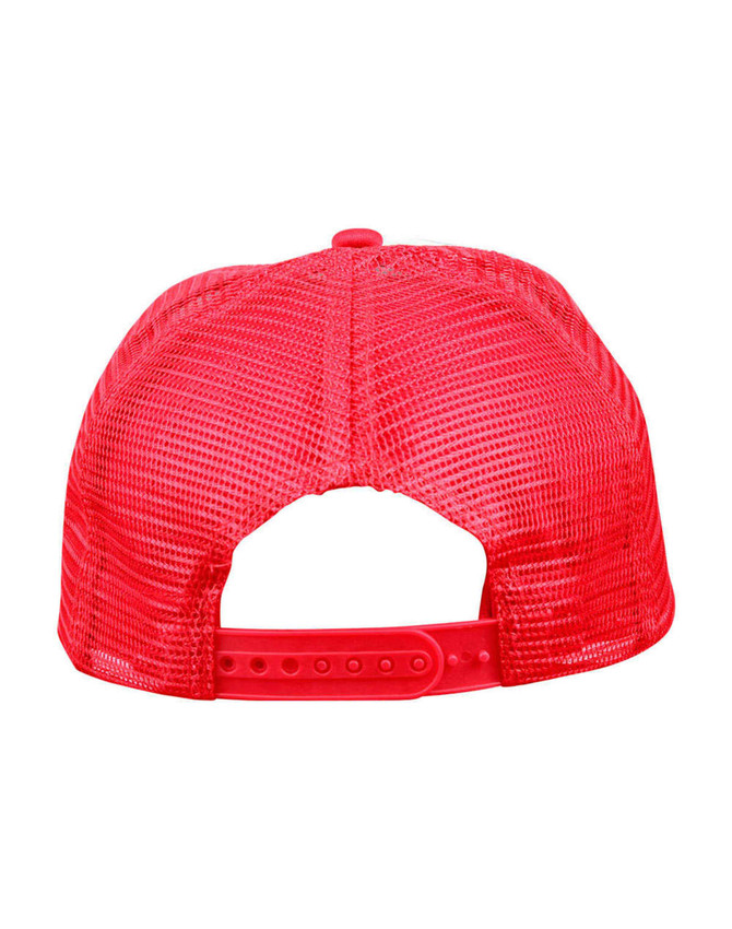 A red trucker cap featuring a mesh back and an adjustable snap closure. It has a logo on the front.