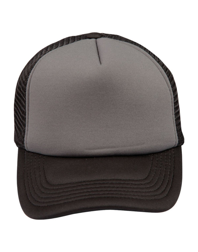 A grey and black trucker cap featuring a curved peak and mesh sides, with a logo on the front.
