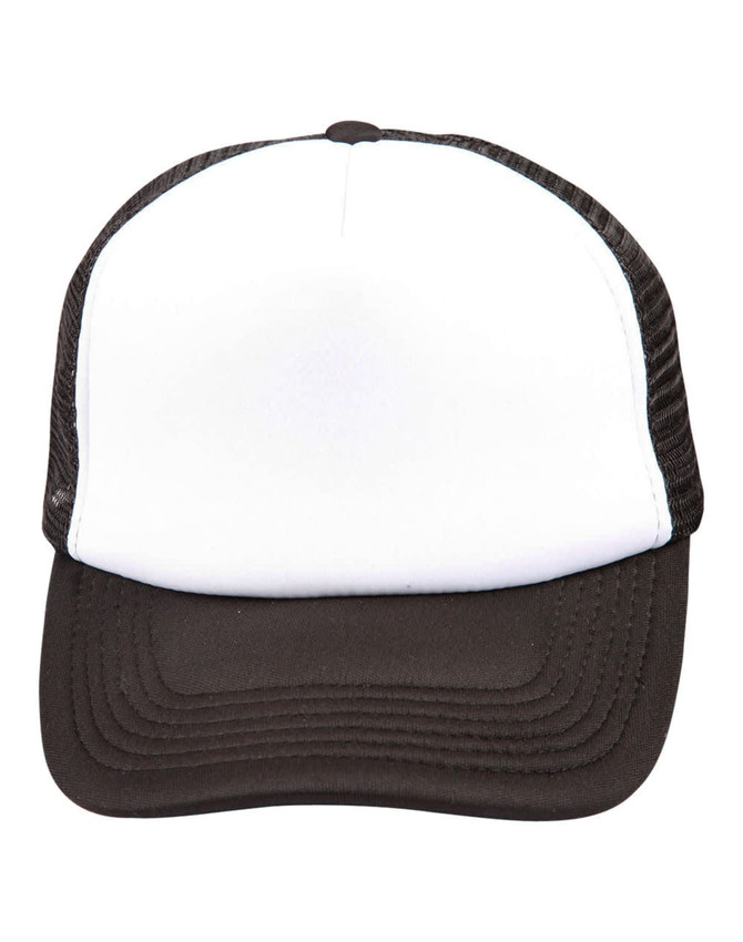 A black and white Contrast Trucker Cap with a solid front panel and mesh back. It features a logo on the front.