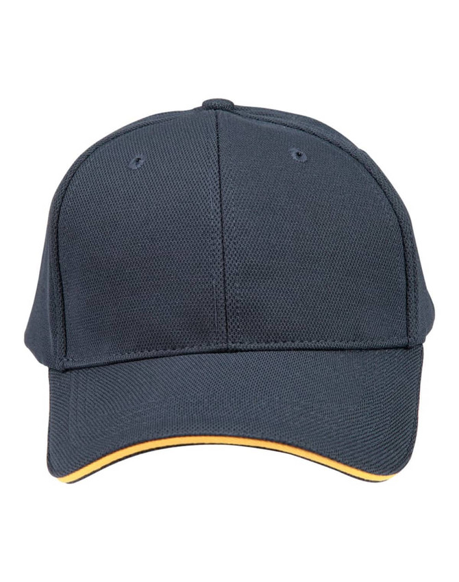 A dark grey cap with a contrasting yellow sandwich peak and eyelets, featuring a branding logo.