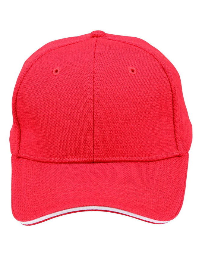A red cap with a contrasting sandwich peak and a logo on the front. The fabric features a mesh design.
