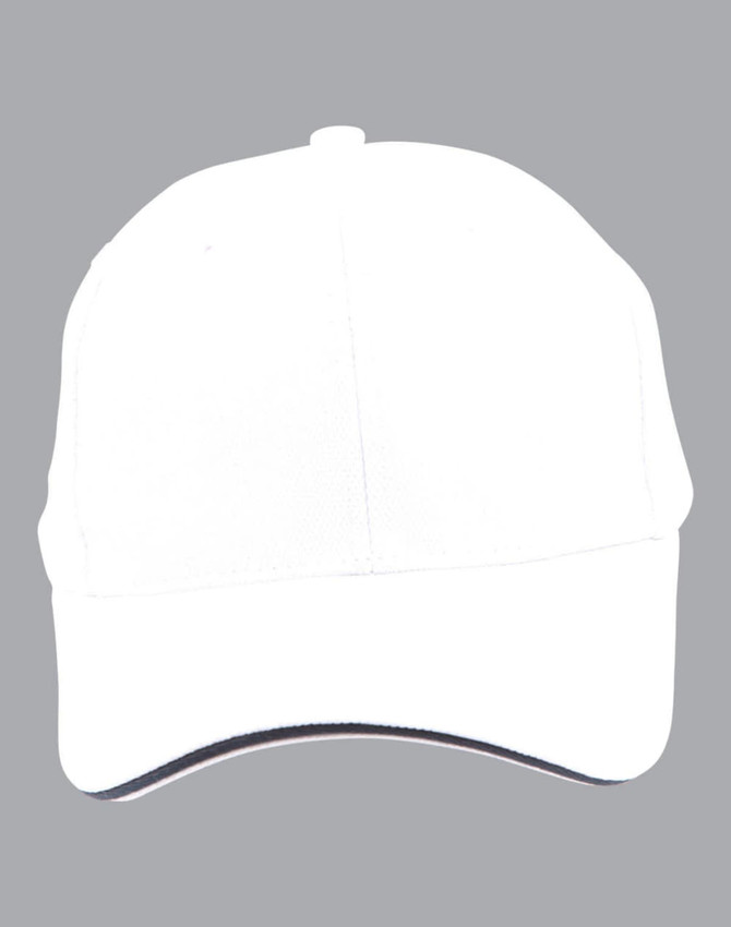 A white cap with a contrast sandwich brim and a logo. Features a mesh texture for breathability.