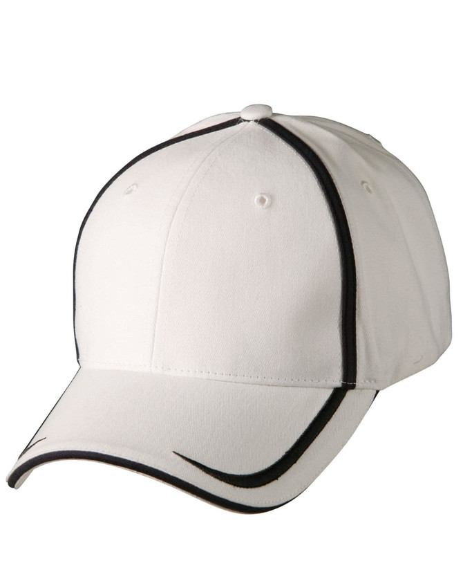 A navy cap with red contrast trim and a logo on the front. The design features a curved peak and ventilation holes.