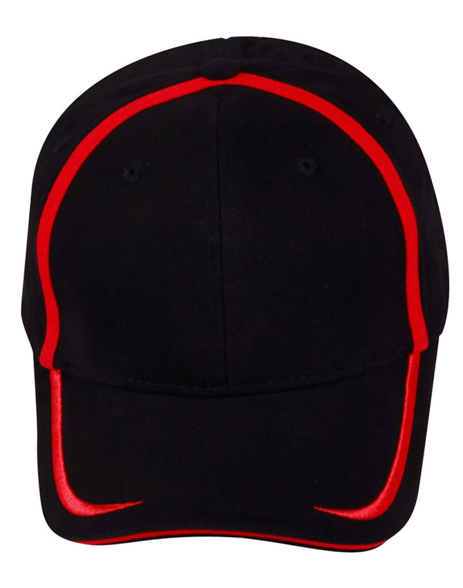 A black cap with red contrast trim and a logo on the front. Designed as headwear.