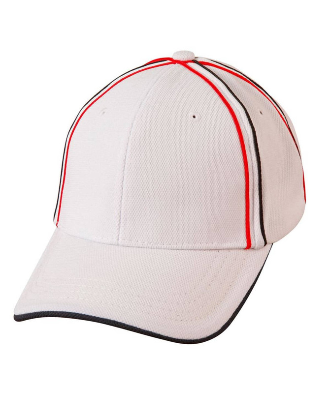 A tri-colour pique mesh structured cap featuring white, red, and black accents, with a logo present.