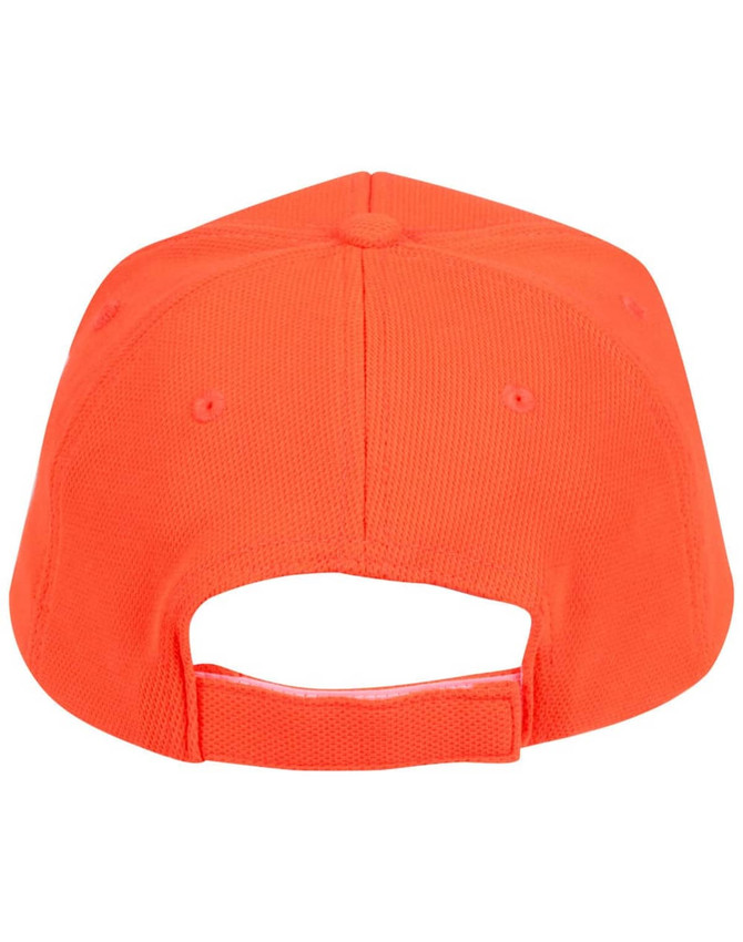 An orange pique mesh structured cap featuring a back adjustment strap and ventilation holes.