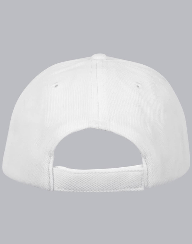 A white Pique mesh structured cap featuring an adjustable strap and a logo on the back.