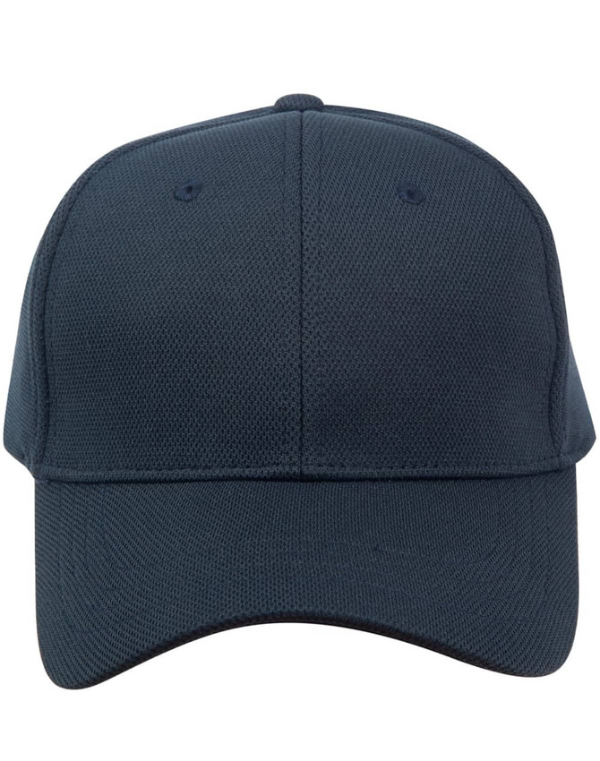 A navy blue Pique mesh structured cap featuring a curved brim and an adjustable strap at the back. It has a logo.