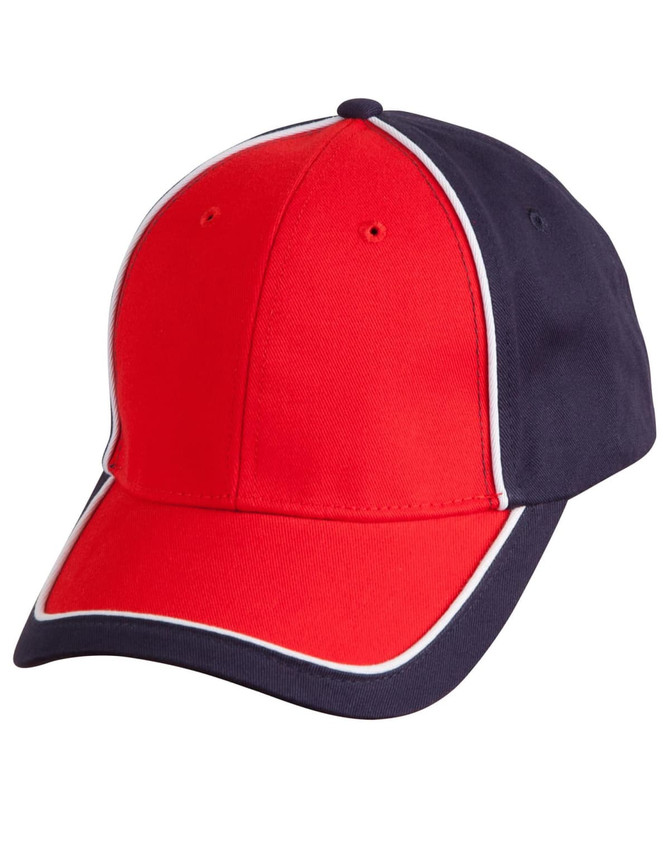 A two-tone cap featuring a red front and a navy blue back with white piping detail. Includes a logo.