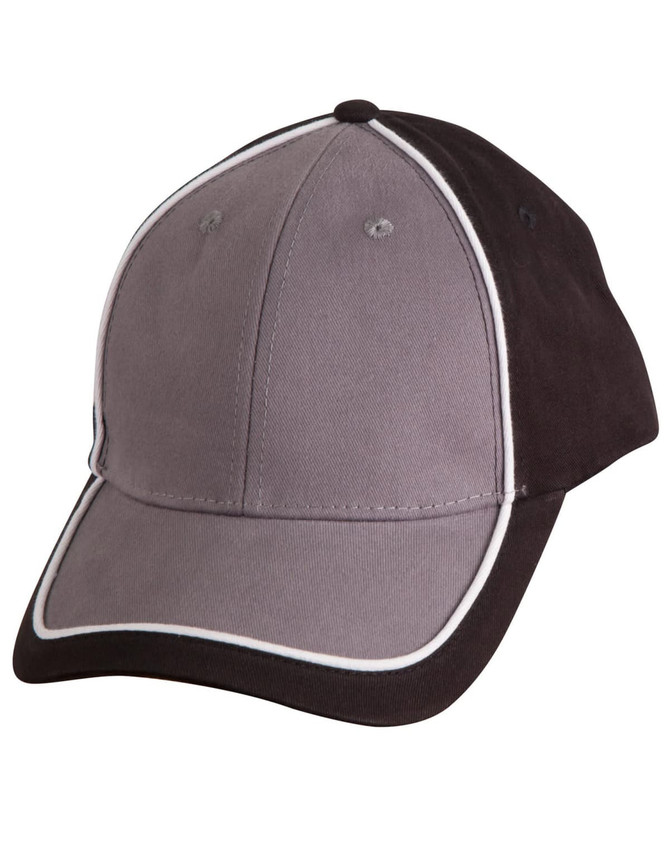 A two-tone cap featuring grey and black panels with contrasting stitching and a logo.