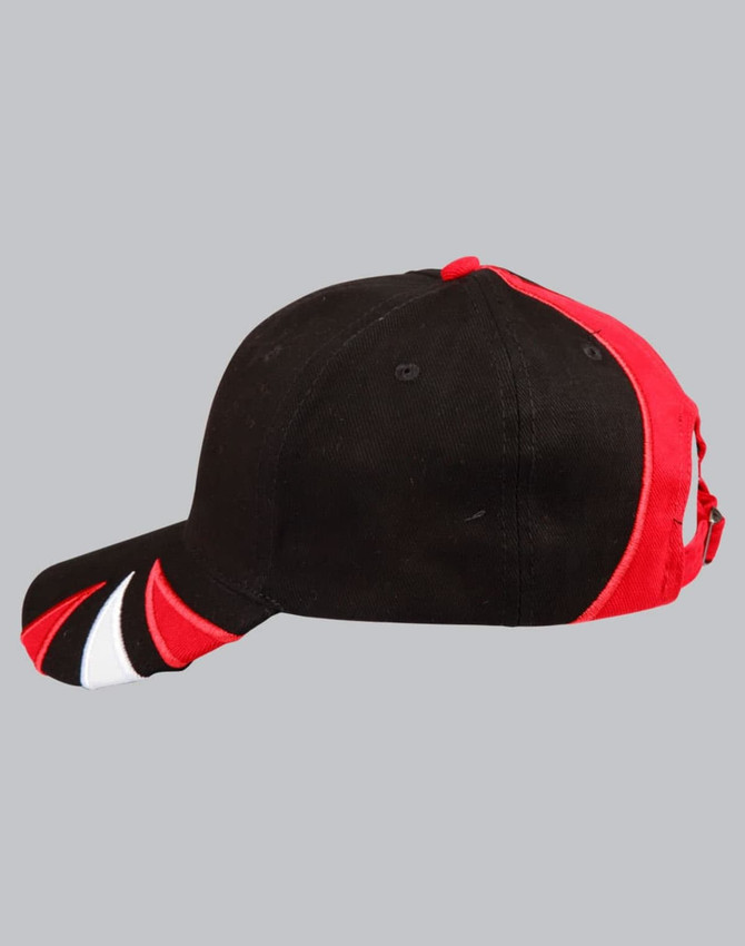 A tri-colour cap featuring black, red, and white panels, with a logo on the front.