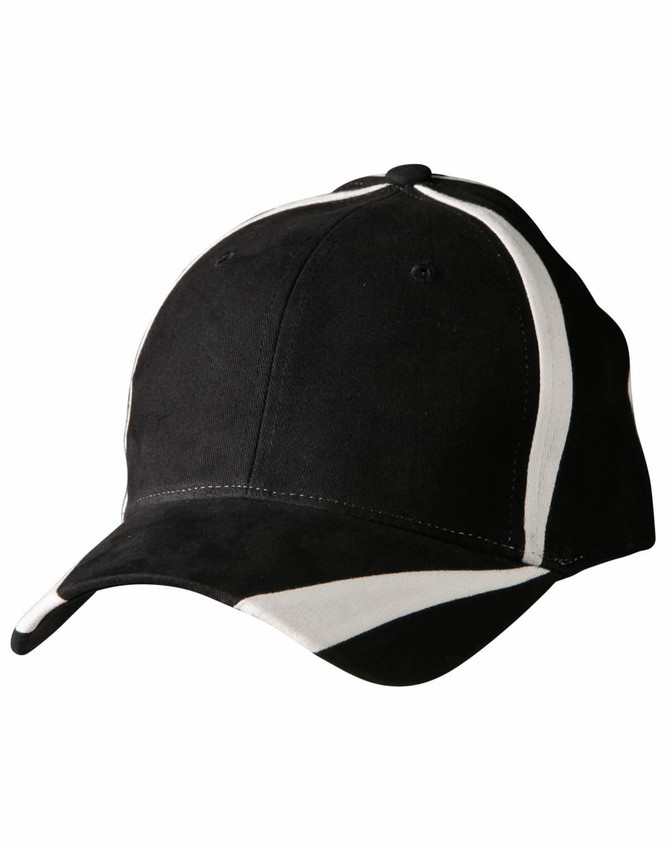 A black brushed cotton twill baseball cap with white contrast detailing and a logo on the front.