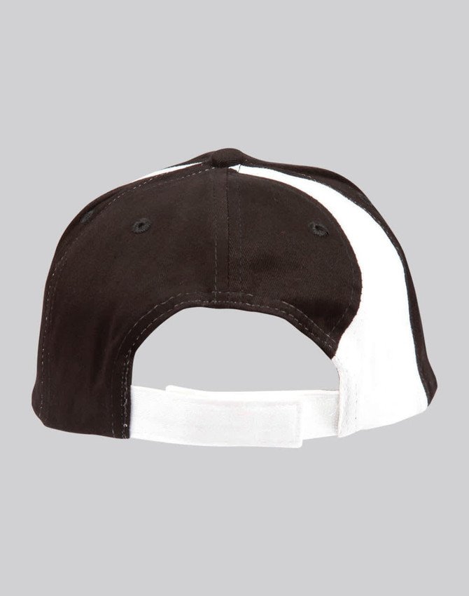 A black baseball cap with a white stripe and an adjustable strap at the back. It has a logo on the side.