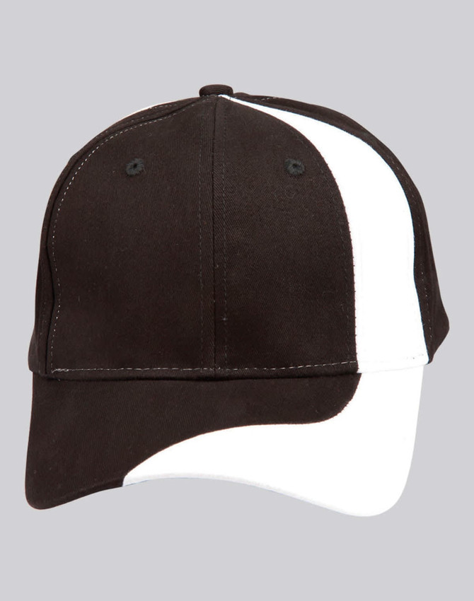 A black and white baseball cap featuring a curved design and a logo on the front.