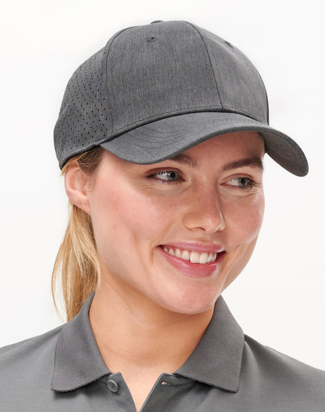 A grey cap with a structured design and perforated panels, featuring a logo on the front.