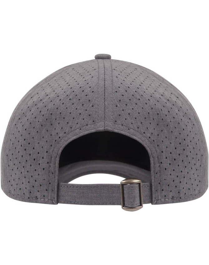 A grey 4-way stretch cap with laser-cut ventilation holes at the back and an adjustable strap.