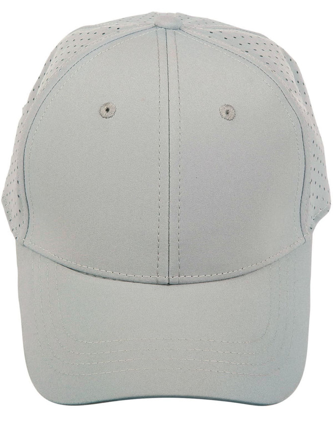 A light grey cap with a laser-cut design and ventilation holes. It features six panels and a logo.