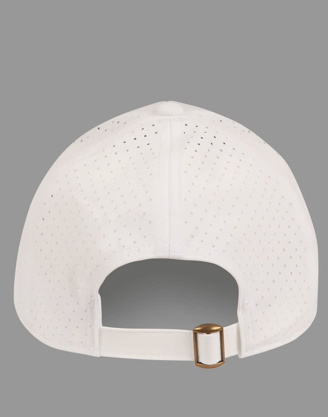 A white 4-way stretch cap featuring laser-cut ventilation holes and an adjustable strap at the back.