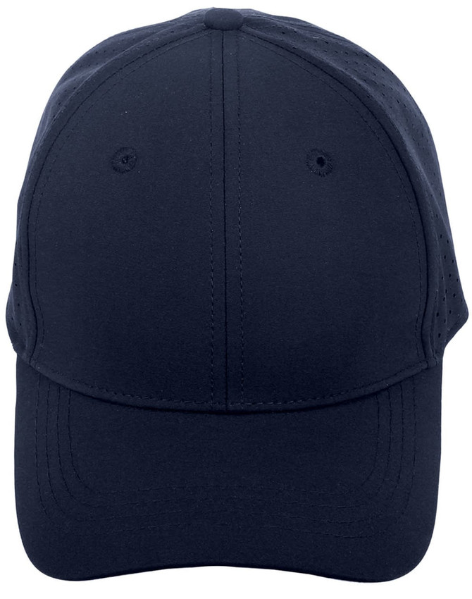 A navy blue cap with a structured design and six panels, featuring ventilation holes and a logo.