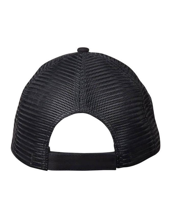 A black Premium Cotton Twill Trucker Cap featuring a mesh back and an adjustable strap.