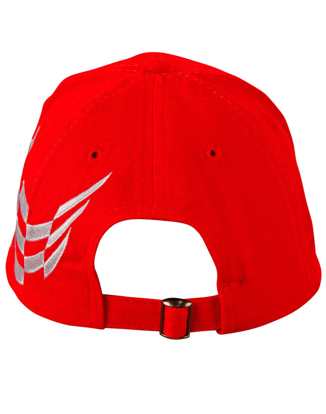 A red cap with a racing check pattern and a logo on the back, featuring an adjustable strap.