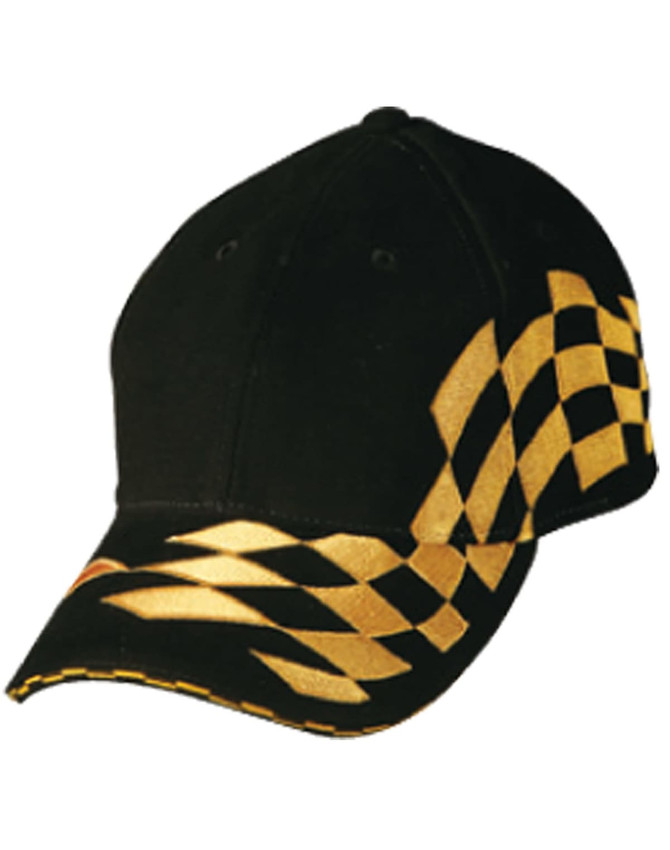 A black cap with a gold checkered racing design and a logo. The cap has a curved brim and six-panel structure.
