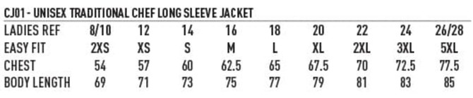 A chart displaying sizing information for a unisex traditional chef long sleeve jacket in various sizes.