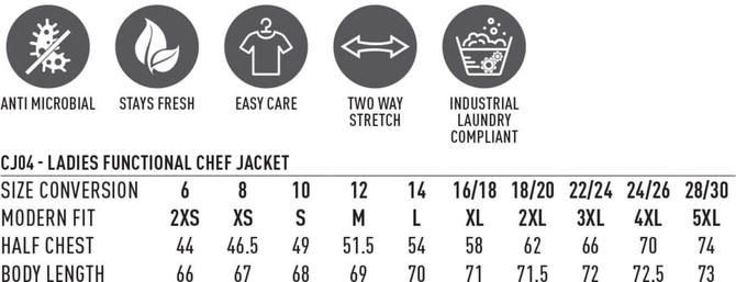 A table listing specifications for the Ladies' Functional Chef Jacket, featuring various sizes and care instructions.