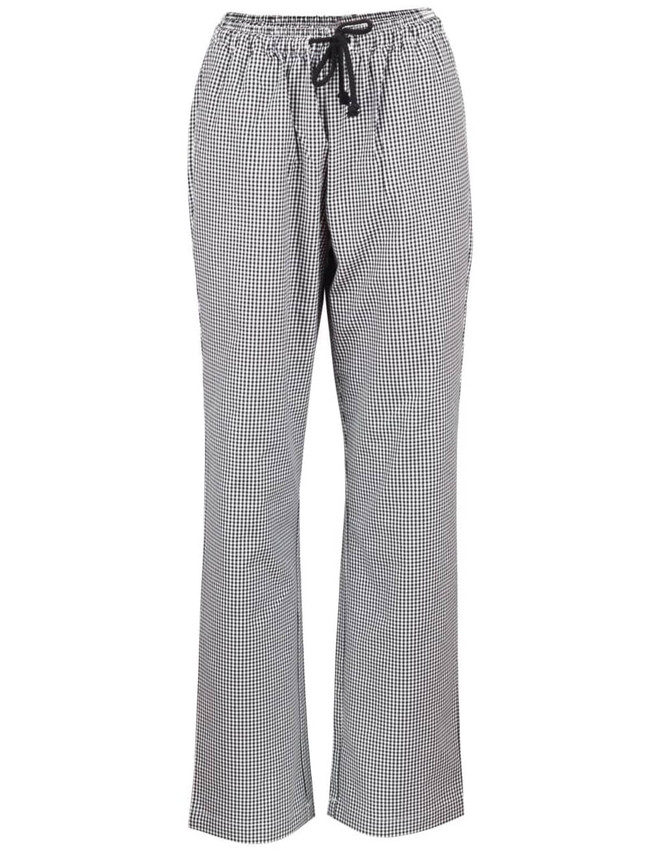 Black and white checkered chef's pants with an elastic waistband and drawstring. Features a logo on the waistband.