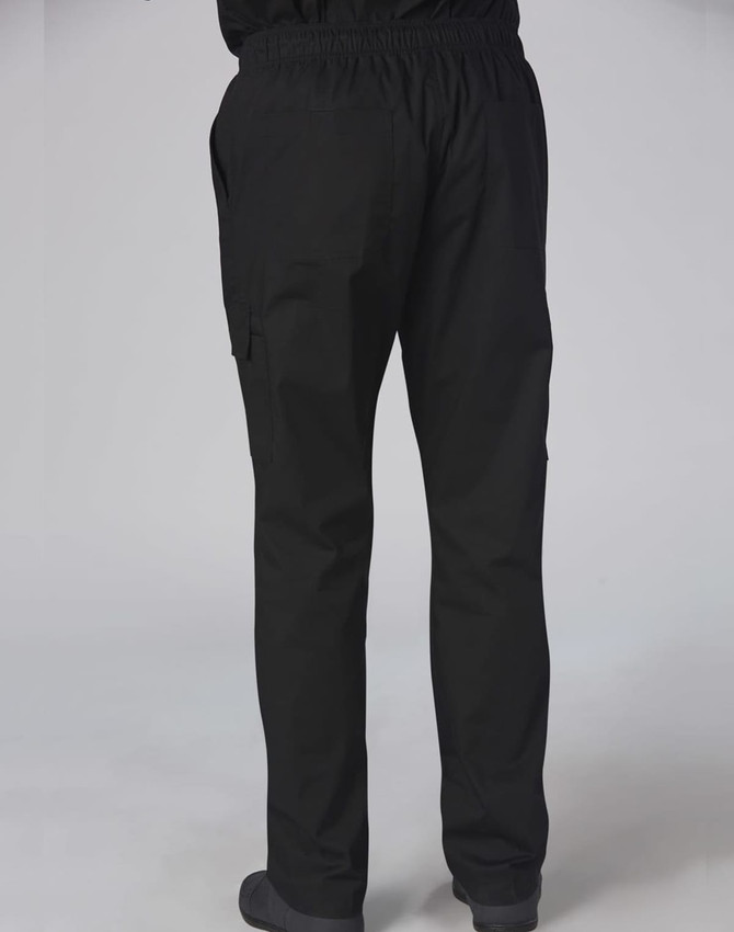 Men's functional chef pants in black, featuring a relaxed fit and side pockets, displayed from the back.