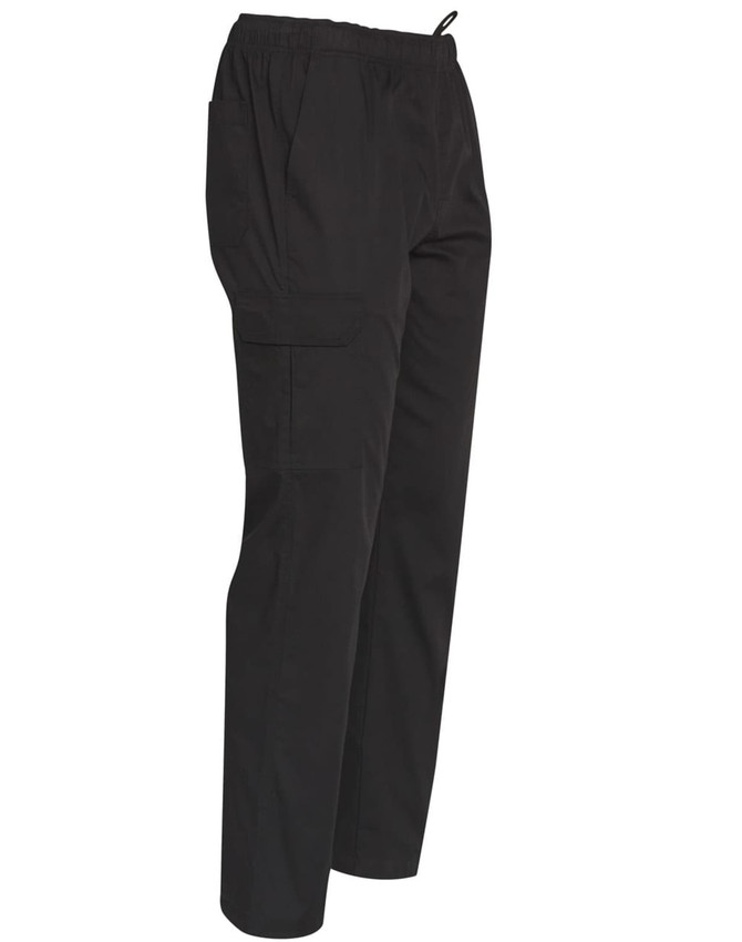 Men's functional chef pants in black, featuring an elastic waistband and pockets, with a logo present.