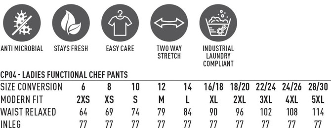 Ladies' Functional Chef Pants in black, featuring a logo and details on care, fit, and size conversion.