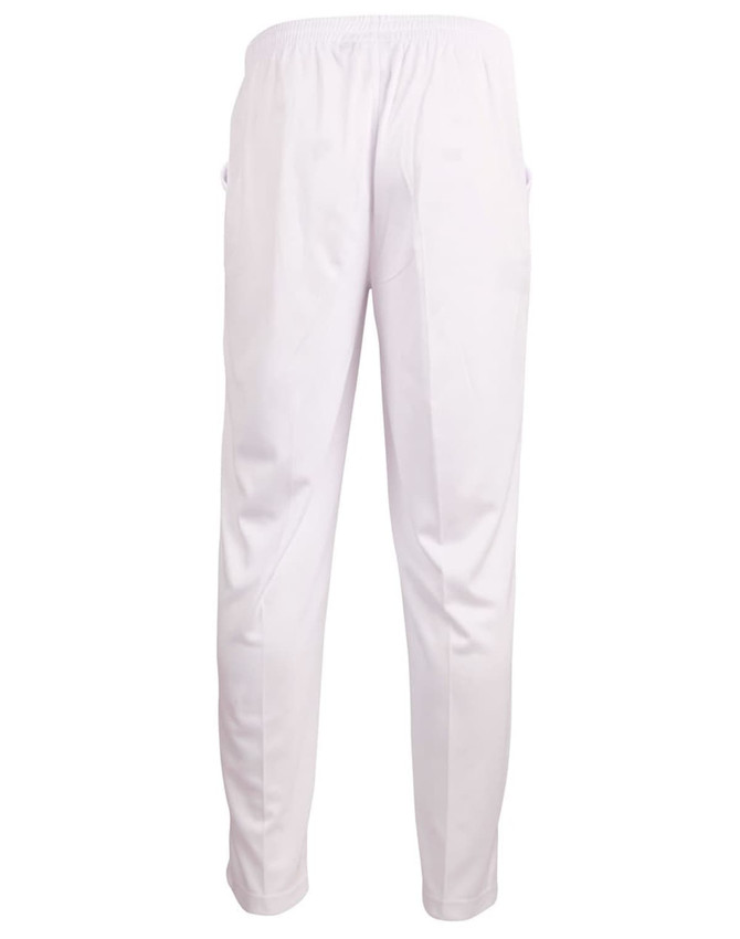 White men's cricket pants with an elastic waistband and pockets, featuring branding on the back.