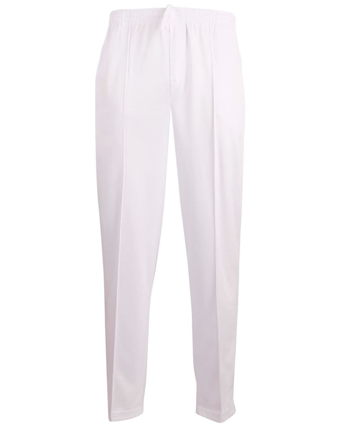 White men's cricket pants with an elastic waistband and a logo on the front.