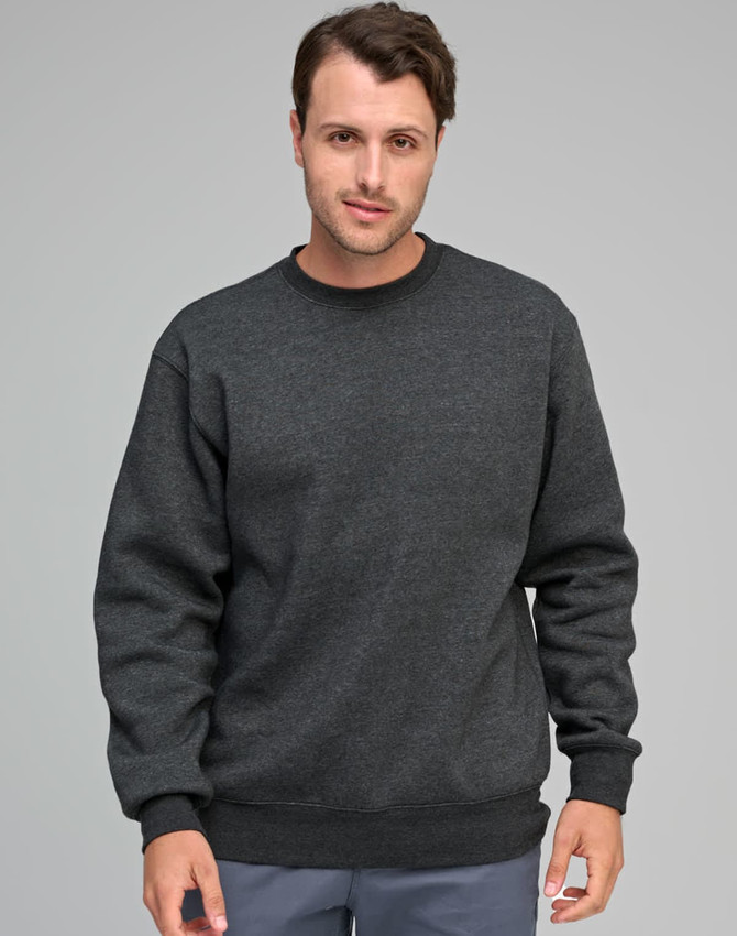 A dark grey crew fleece sweatshirt featuring a round neck and ribbed cuffs, modelled by a man.