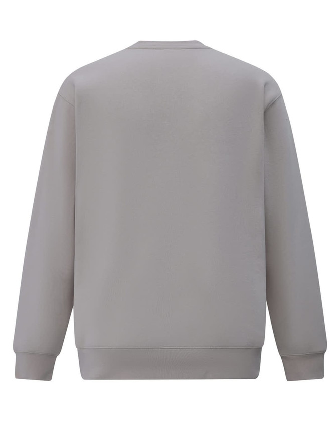 A grey crew fleece jumper with a simple design and ribbed cuffs. It features a logo on the back.