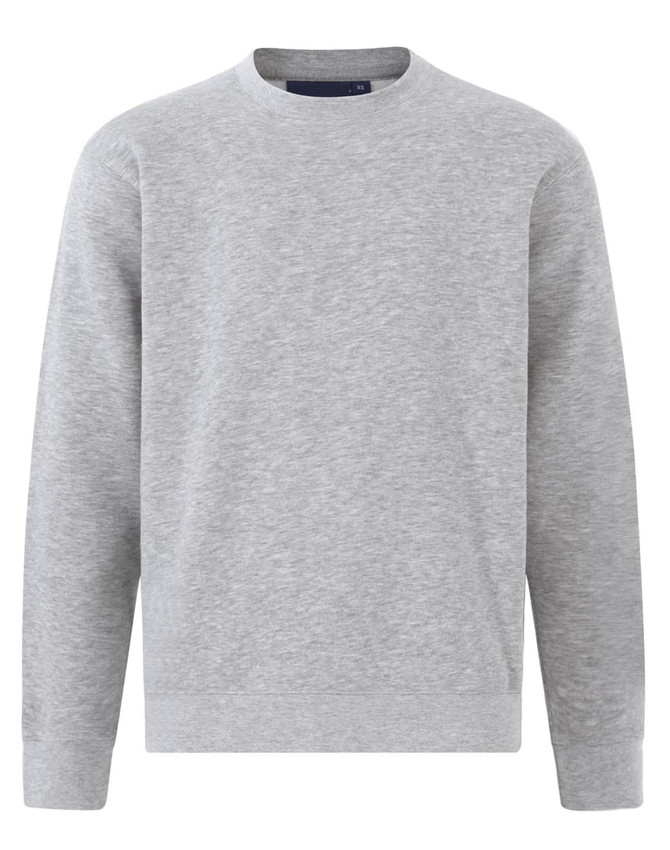 A grey crewneck fleece jumper featuring long sleeves and a simple design. It has a branding logo.