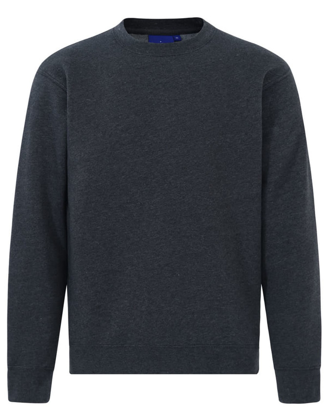 A dark grey crewneck sweatshirt with long sleeves and a simple design. It features a logo on the neckline.