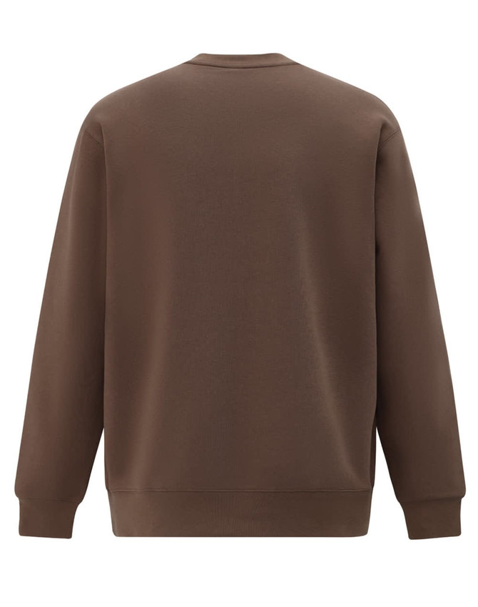 A brown crewneck sweatshirt with long sleeves and a solid back. Features a logo.