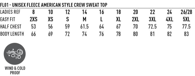 A size chart for the unisex American style crew fleece sweat top, detailing dimensions in centimetres.