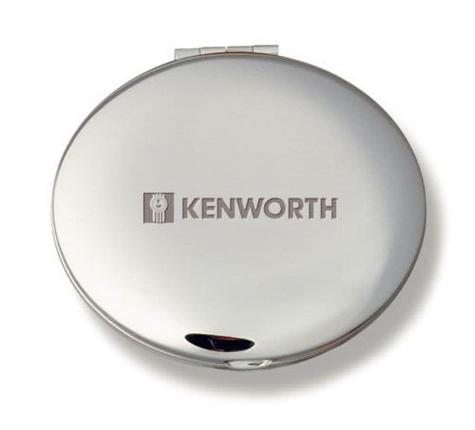 A silver compact mirror with a shiny finish and a logo on the front.